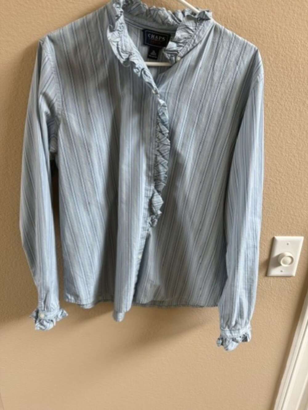 Chaps Denim White & Blue Stripe Cotton Button Up Long Sleeve w/ Ruffles XL